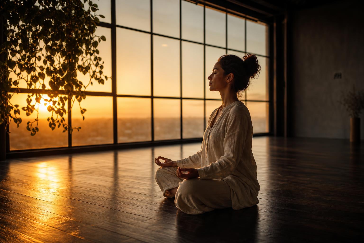 A woman meditating in a sunlit studio at golden hour